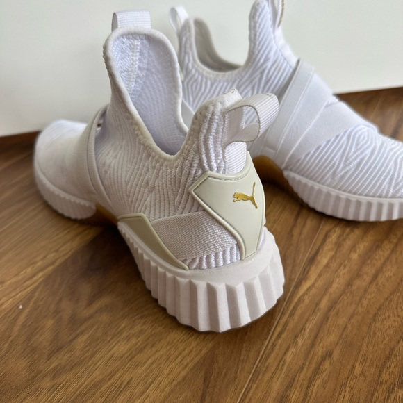 Puma White Knit Slip-On Sneakers with Gold Hardware and Gum Accents - Picture 5 of 5